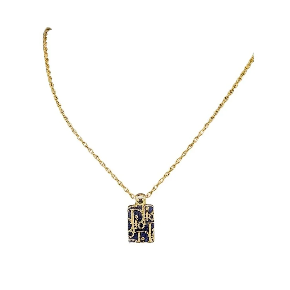 Christian Dior Vintage Monogram Oblique Pendant Necklace‎ Gold Tone Blue Logo